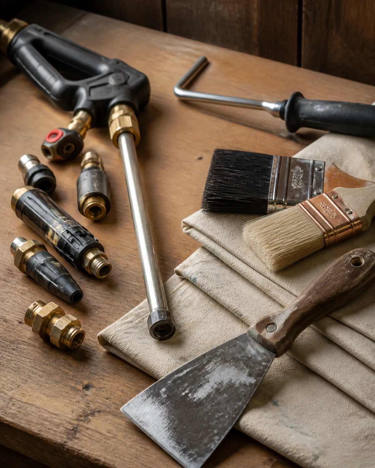 Carefully maintained pressure washing and painting tools on a workbench