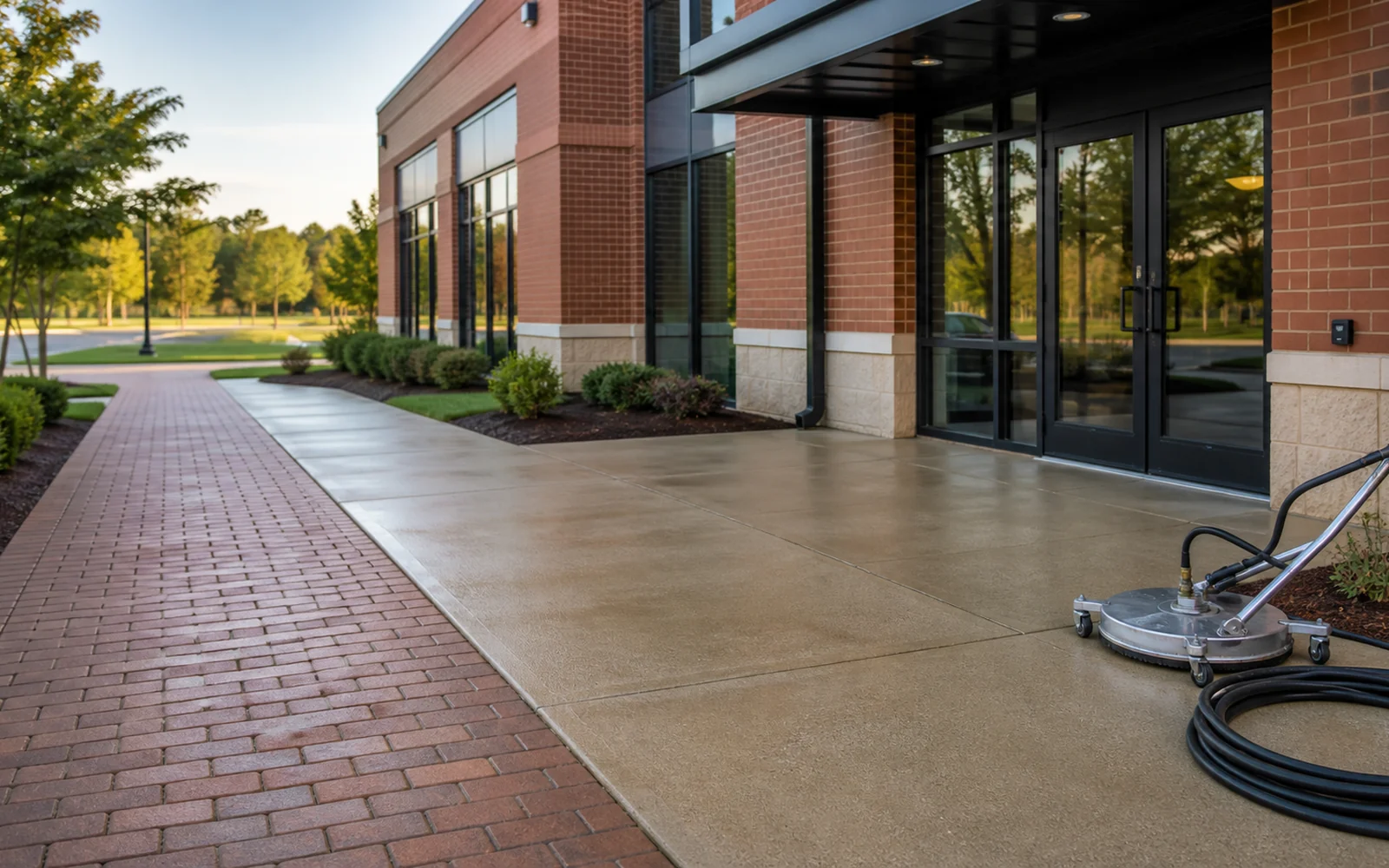 Freshly cleaned concrete entrance at a Northern Virginia commercial building