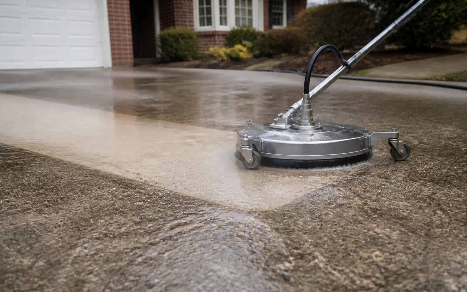 Surface cleaner making a clean pass across a concrete driveway