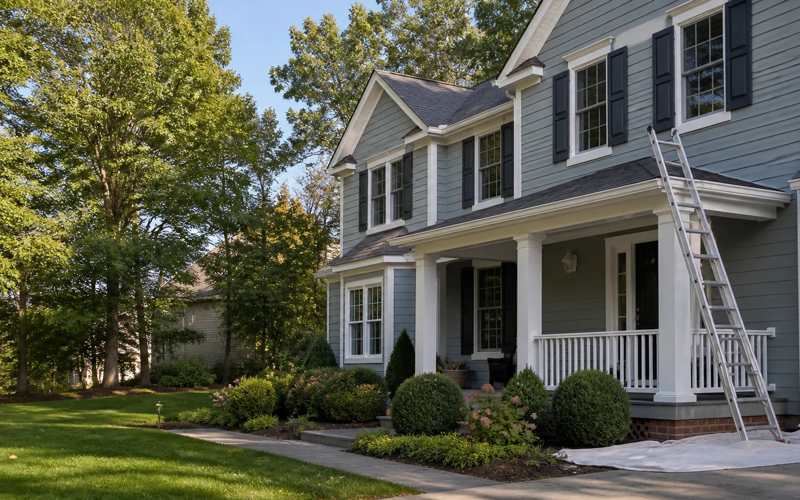 Recently painted Northern Virginia home with crisp white trim and charcoal shutters
