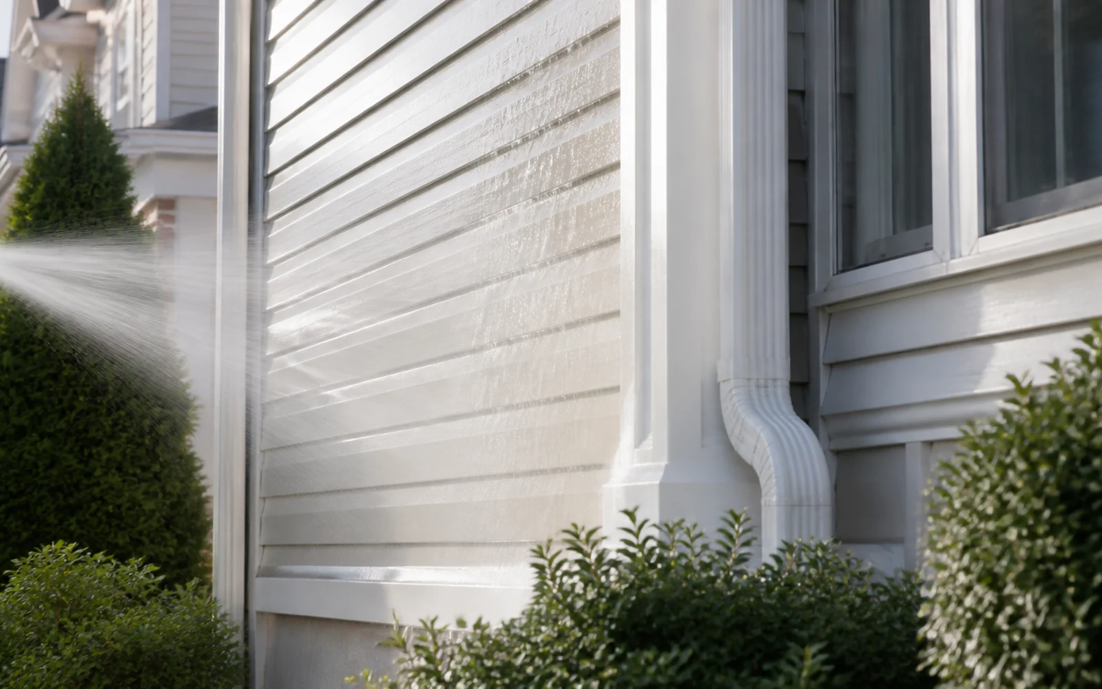 Gentle fan of water rinsing light vinyl siding on a Woodbridge-area home