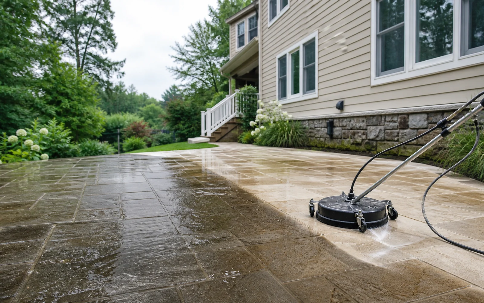 Surface cleaner washing a stone patio beside a Northern Virginia home