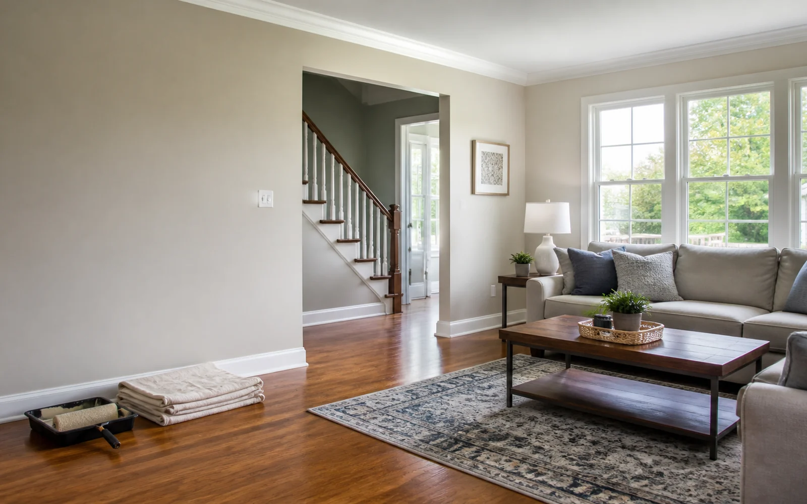 Freshly painted warm-neutral living room with roller and drop cloth