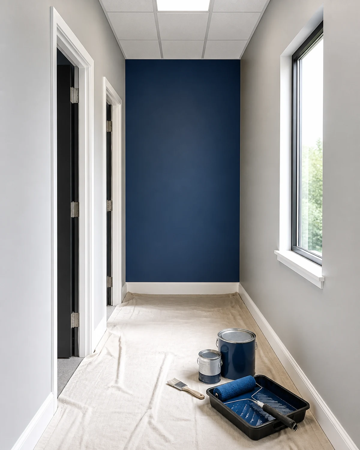 Painted office corridor with protected floors and staged painting tools
