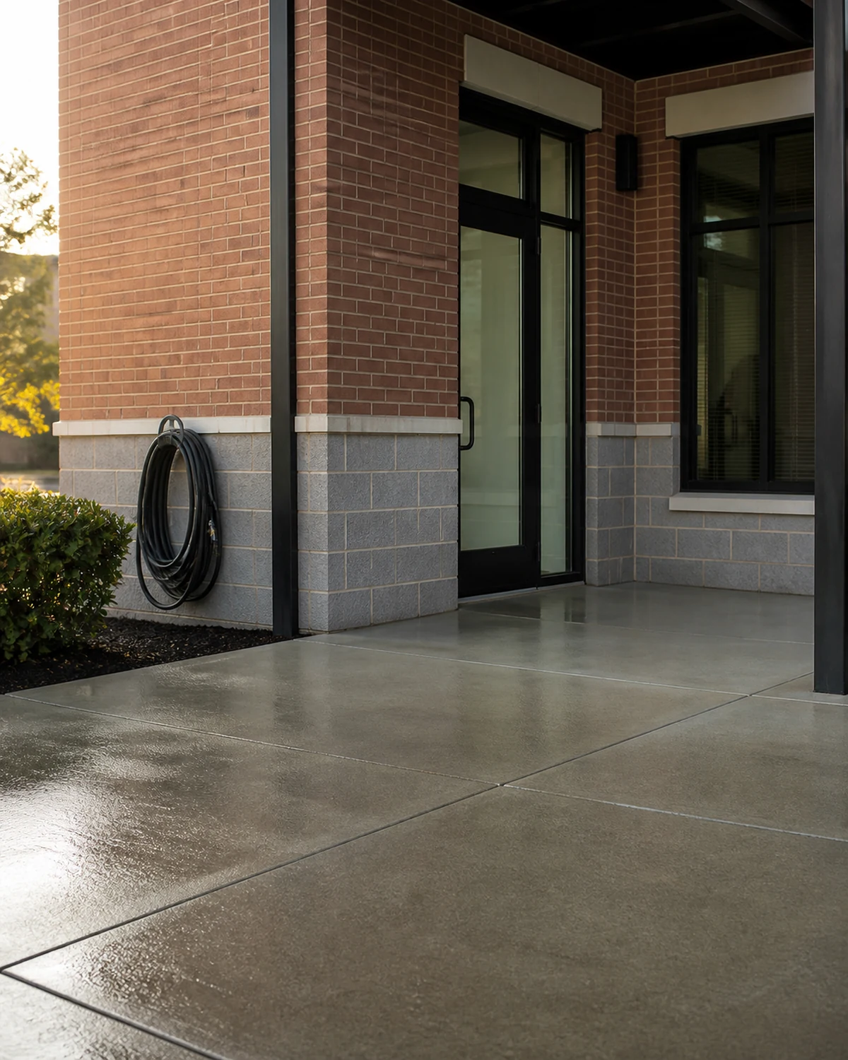 Clean commercial entry with concrete walkway, brick wall, and coiled hose
