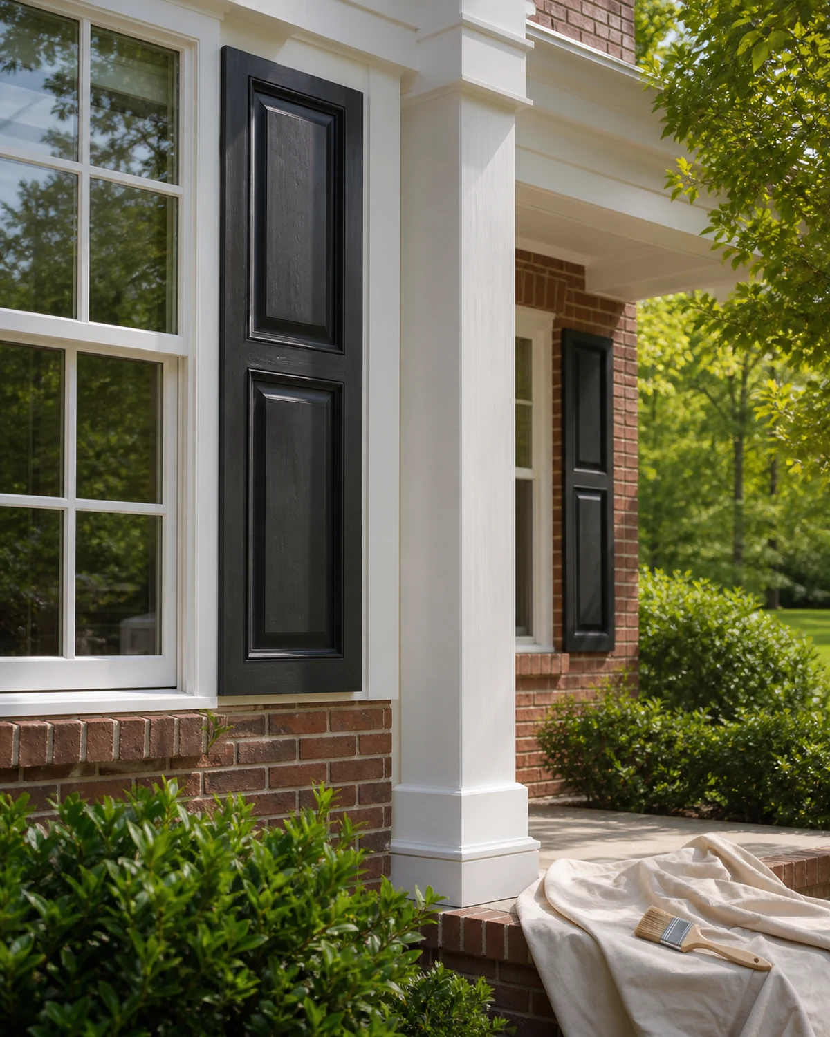 Freshly painted exterior trim, shutter, and porch column on a local home
