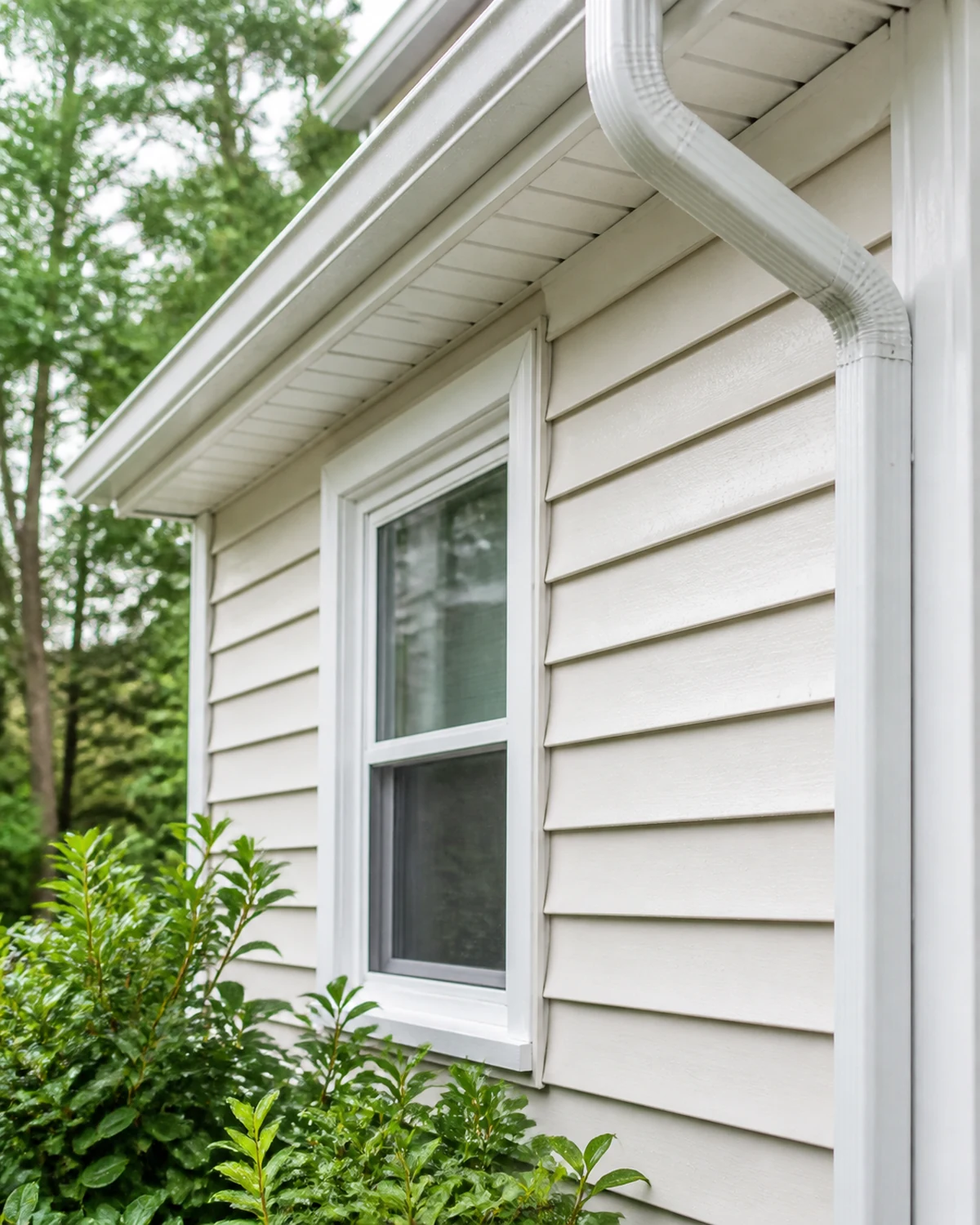 Freshly washed vinyl siding, window trim, gutter, and landscaping