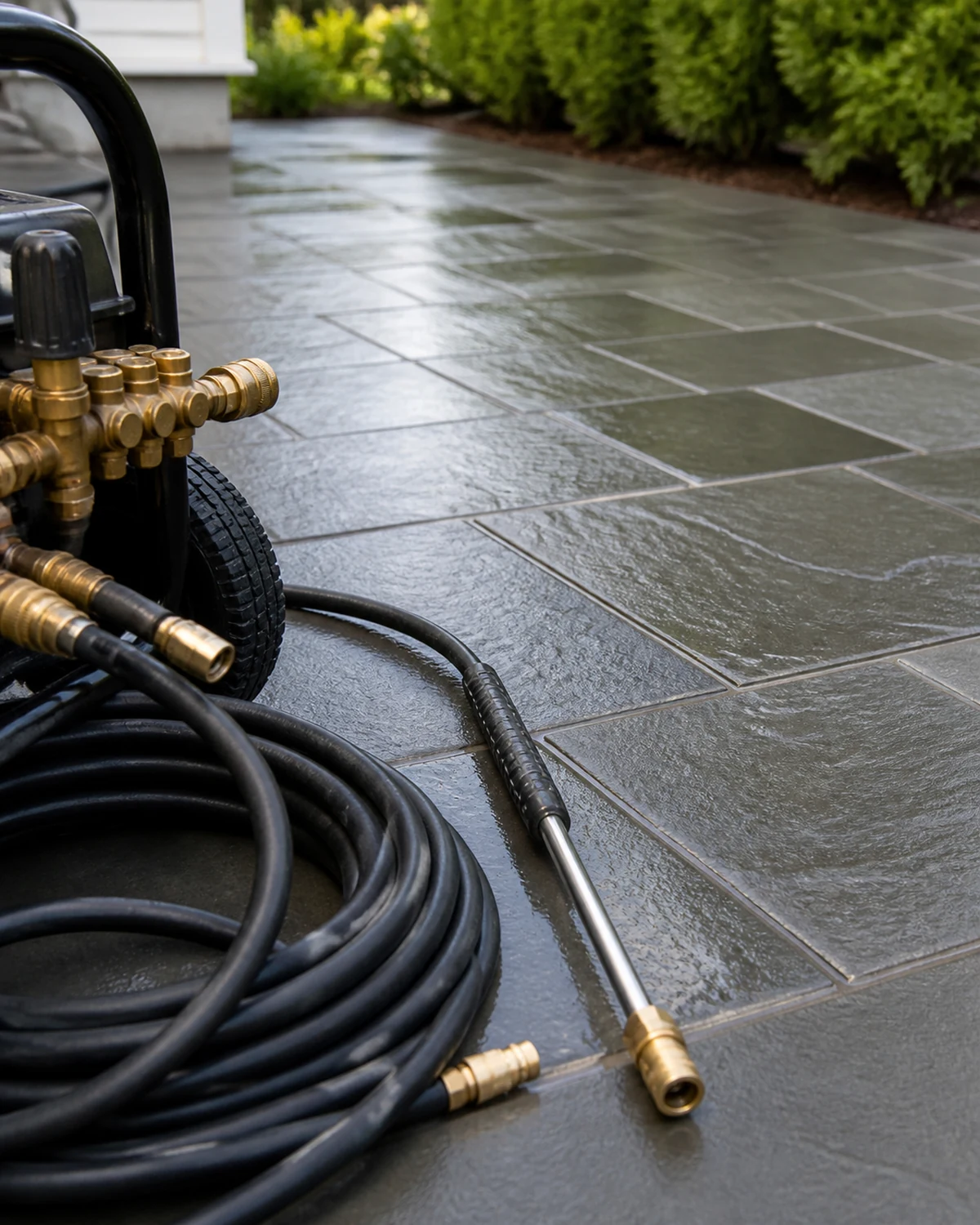 Pressure-washing fittings, hose, and wand arranged on a clean slate patio