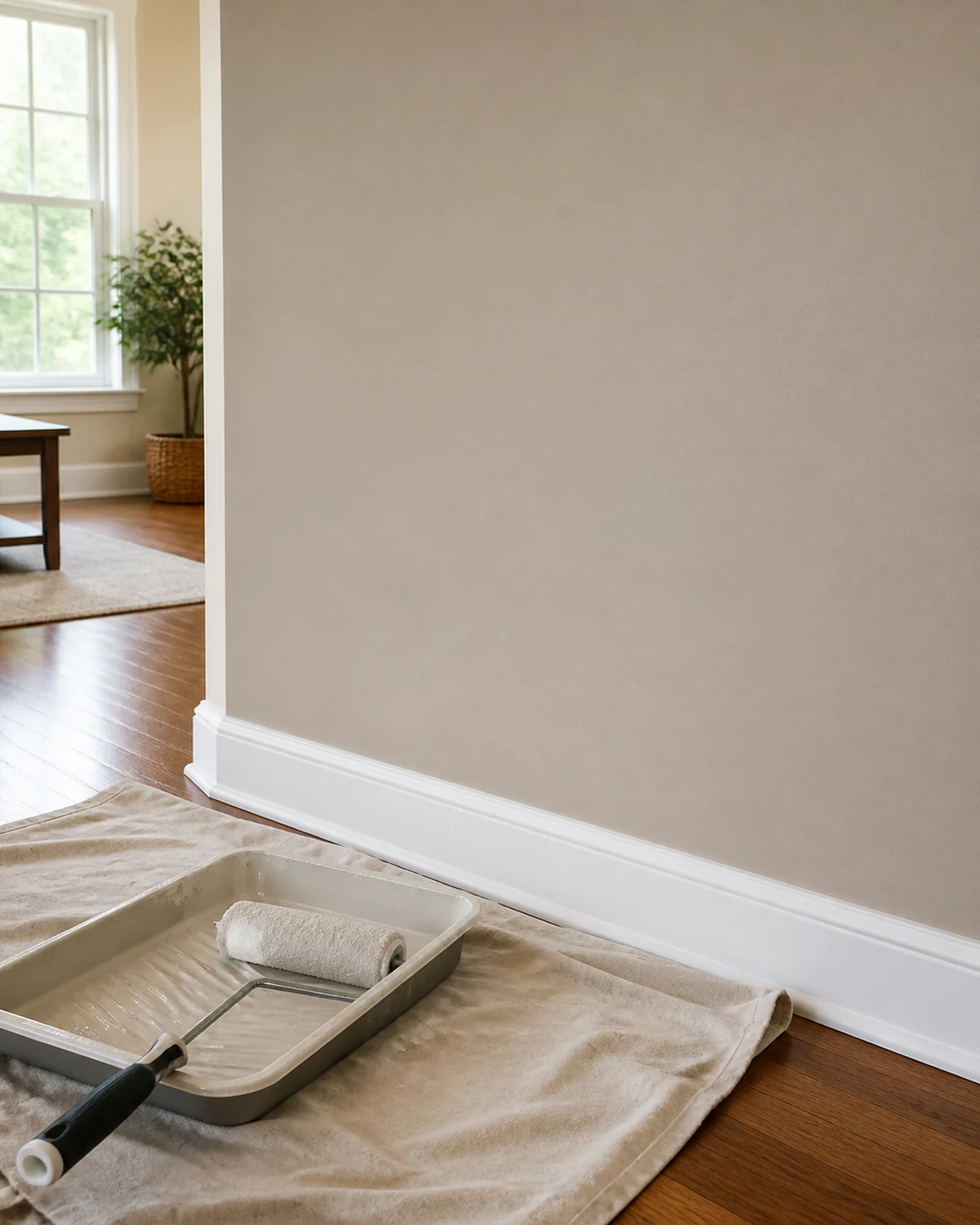 Paint roller, tray, and drop cloth beside a freshly painted living room wall